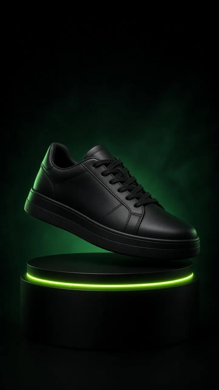 E-Commerce-Konzeptbild im Hochformat 9:16: ein schwarzer Sneaker ohne Marke schwebt über einem Sockel mit einem Ring aus limettengrünem Licht