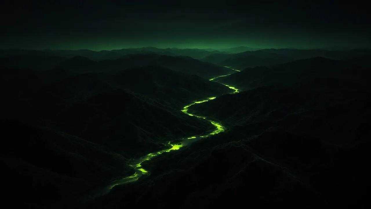 Konzept-Luftaufnahme: tiefschwarze Bergkämme, dazwischen ein neon-limettengrün leuchtender Fluss unter einem smaragdgrünen Horizont