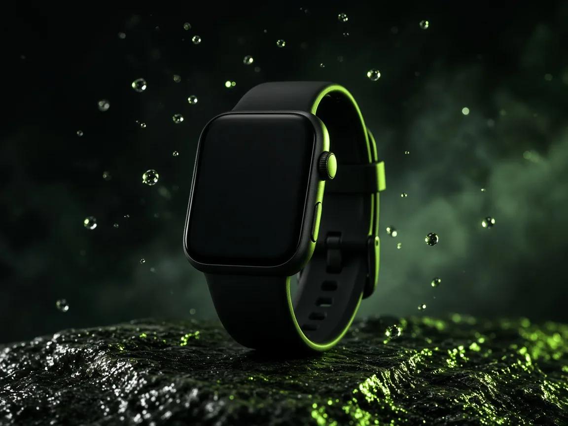 Konzeptbild für einen Produktspot: eine schwarze Smartwatch ohne Marke auf nassem dunklem Stein mit limettengrünem Kantenlicht und schwebenden Tropfen