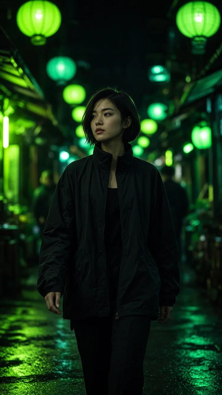 Concept vertical 9:16 still of a short-haired woman in a black jacket walking through a night alley lit by lime and emerald lanterns