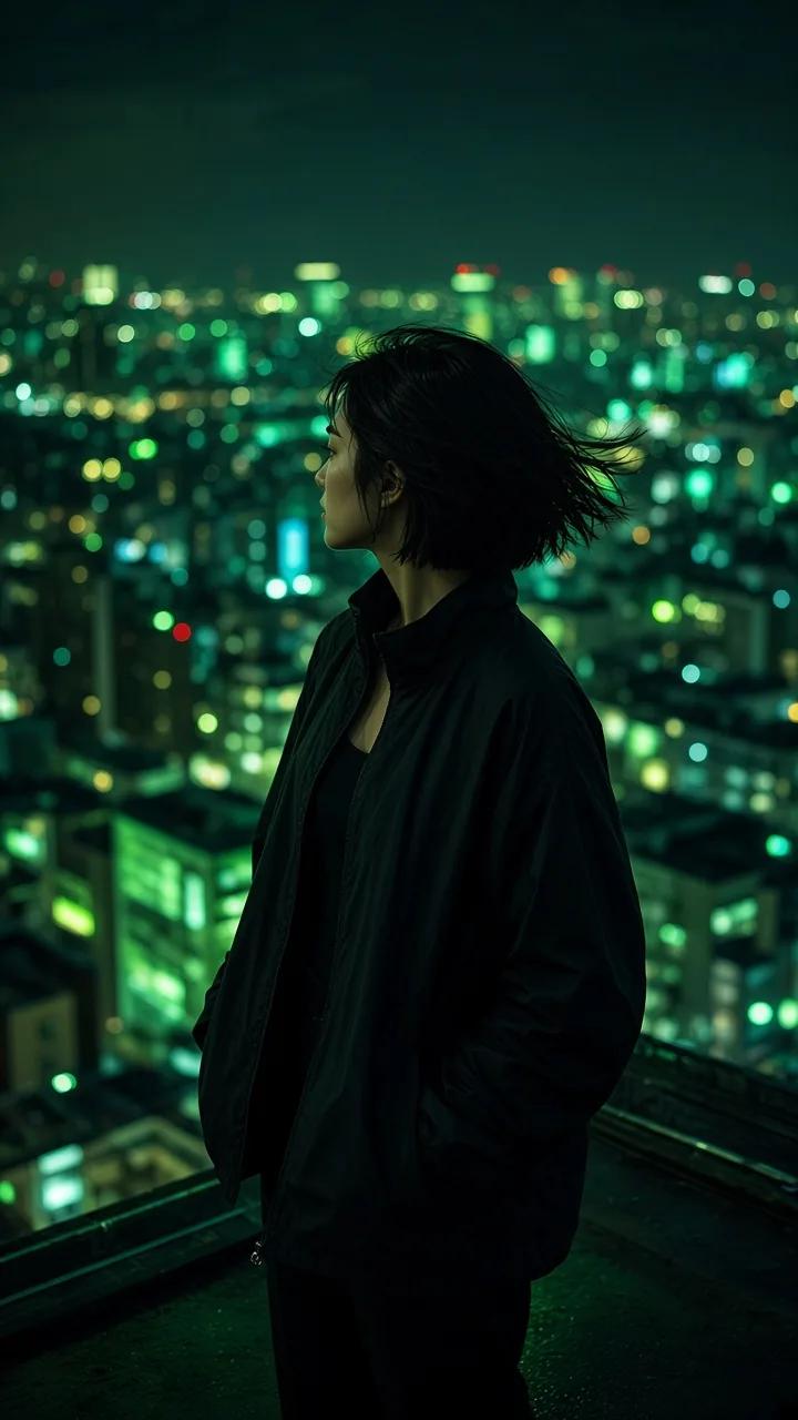 Concept vertical 9:16 still of the same woman on a night rooftop overlooking a city of lime and emerald lights
