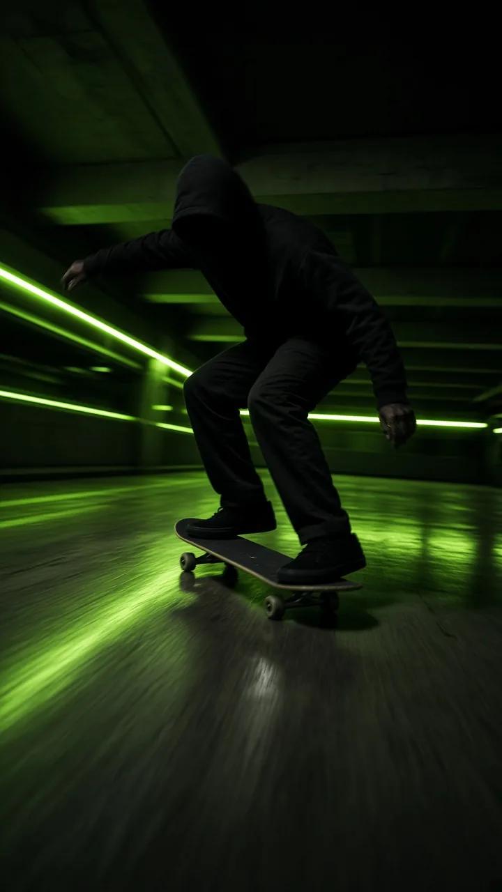 Konzeptbild im Hochformat 9:16: ein Skateboarder fährt Kurven durch ein nächtliches Parkhaus mit limettengrünen Neonleisten