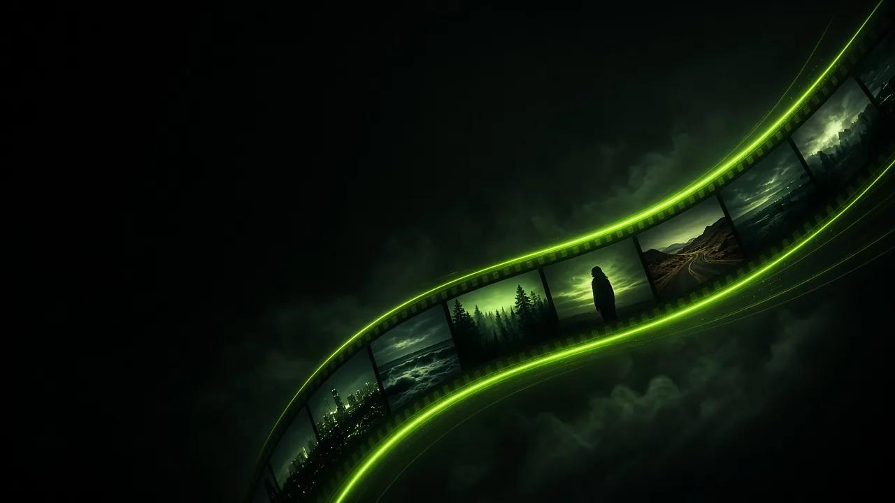 Concept key visual of a curving film strip of cinematic shots glowing neon lime against an ink-black background