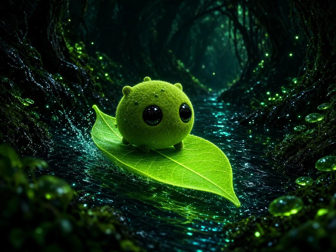 Concept 3D animation still of a small moss-green creature riding a glowing lime leaf down a bioluminescent stream