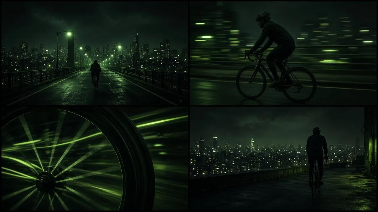 Concept four-panel storyboard of a night cyclist: bridge wide shot, tracking shot, spinning wheel close-up, rooftop overlook