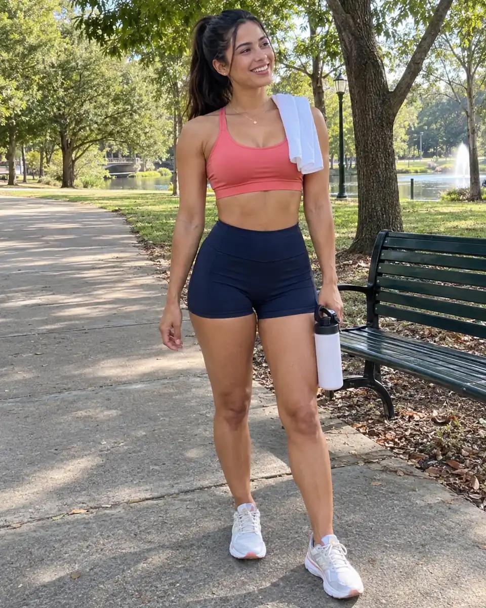 A fictional adult woman in a coral sports top and navy shorts standing beside a park bench