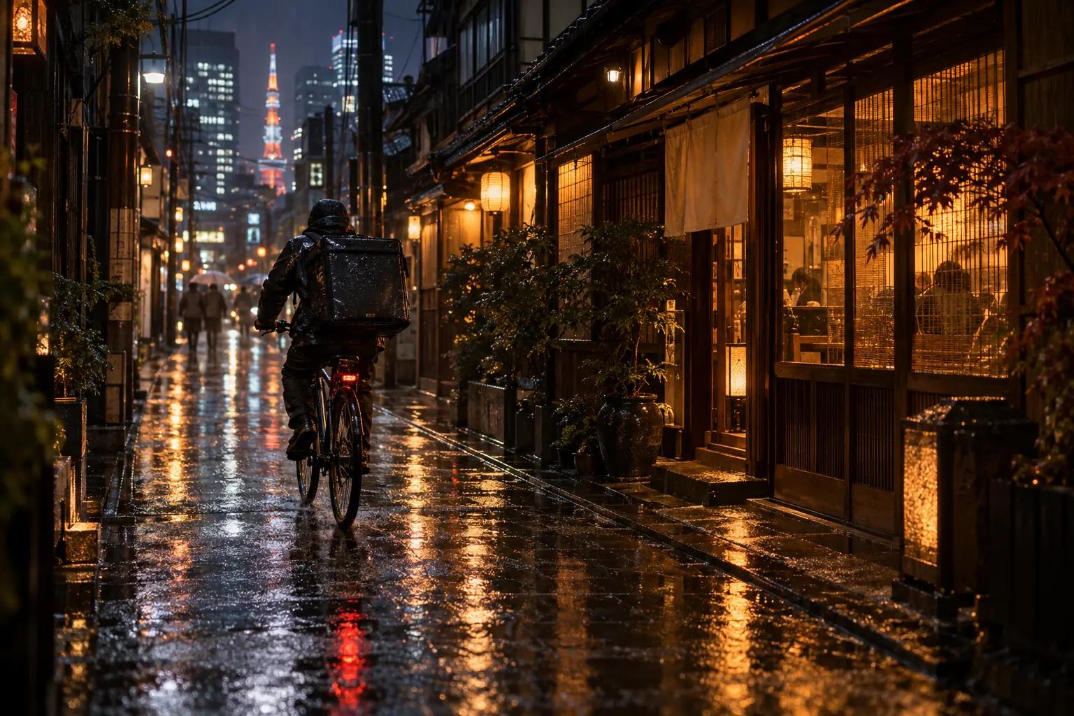 Filmische Stadtszene bei Nacht mit beleuchteten Gebäuden und stimmungsvollem Licht