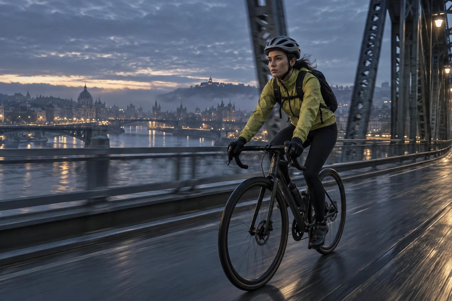 A cyclist in a lime jacket crosses a misty city bridge at blue hour