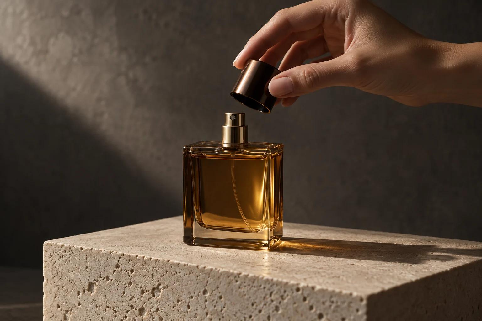 An amber perfume bottle on a stone plinth with a hand lifting its cap