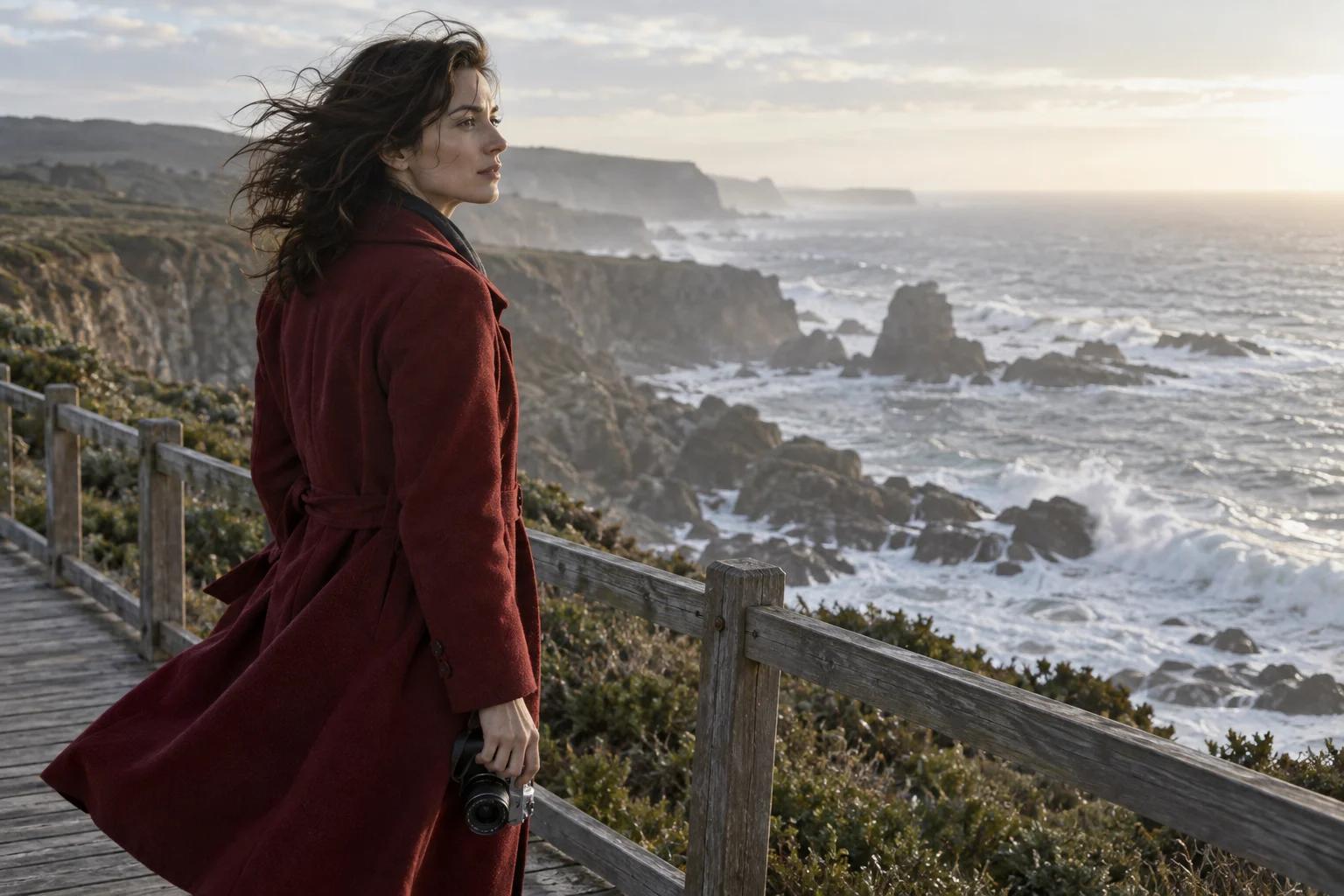 A woman in a red coat holding a camera on a windy coastal boardwalk