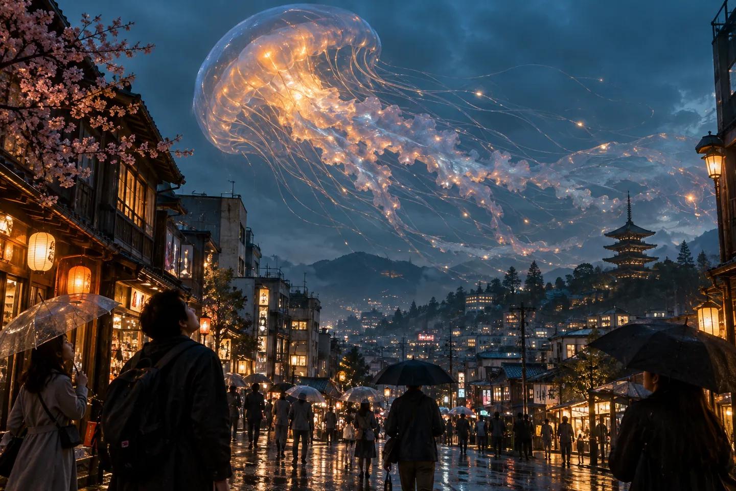 Uma água-viva gigante luminosa sobre uma cidade encharcada pela chuva ilustra um conceito de cena para texto para vídeo