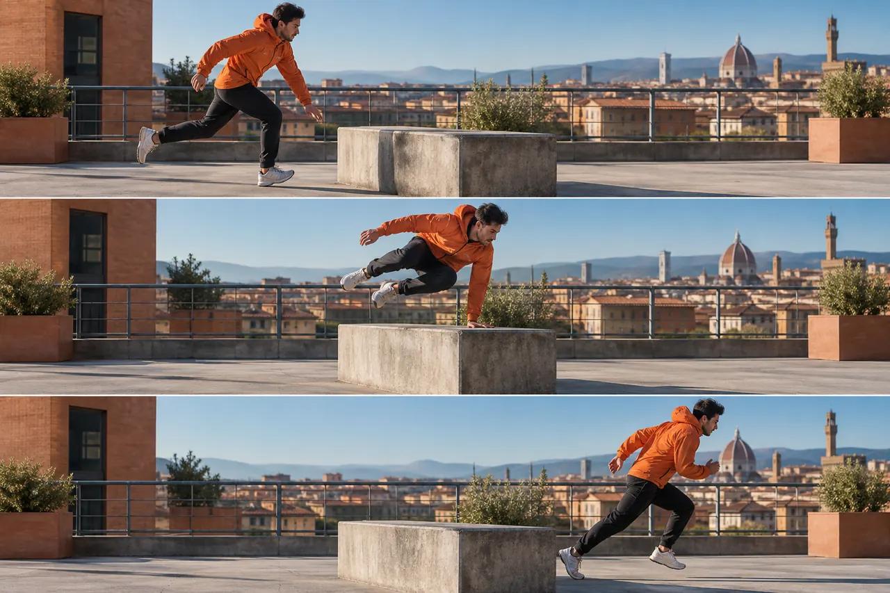 Uma pessoa de jaqueta laranja se aproxima de um obstáculo em um terraço, salta sobre ele e aterrissa ao lado em três quadros consecutivos