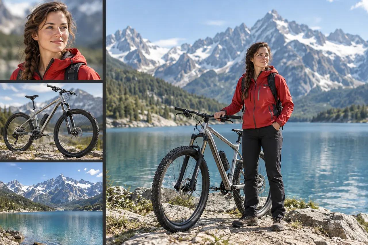 Referências separadas de um personagem, uma bicicleta e um lago de montanha combinadas em uma cena coerente