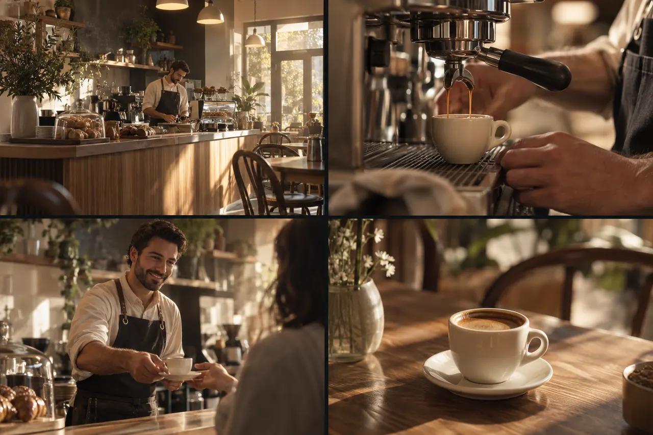 Quatro tomadas conectadas de uma cafeteria mantêm o barista, a xícara de espresso e a luz da manhã