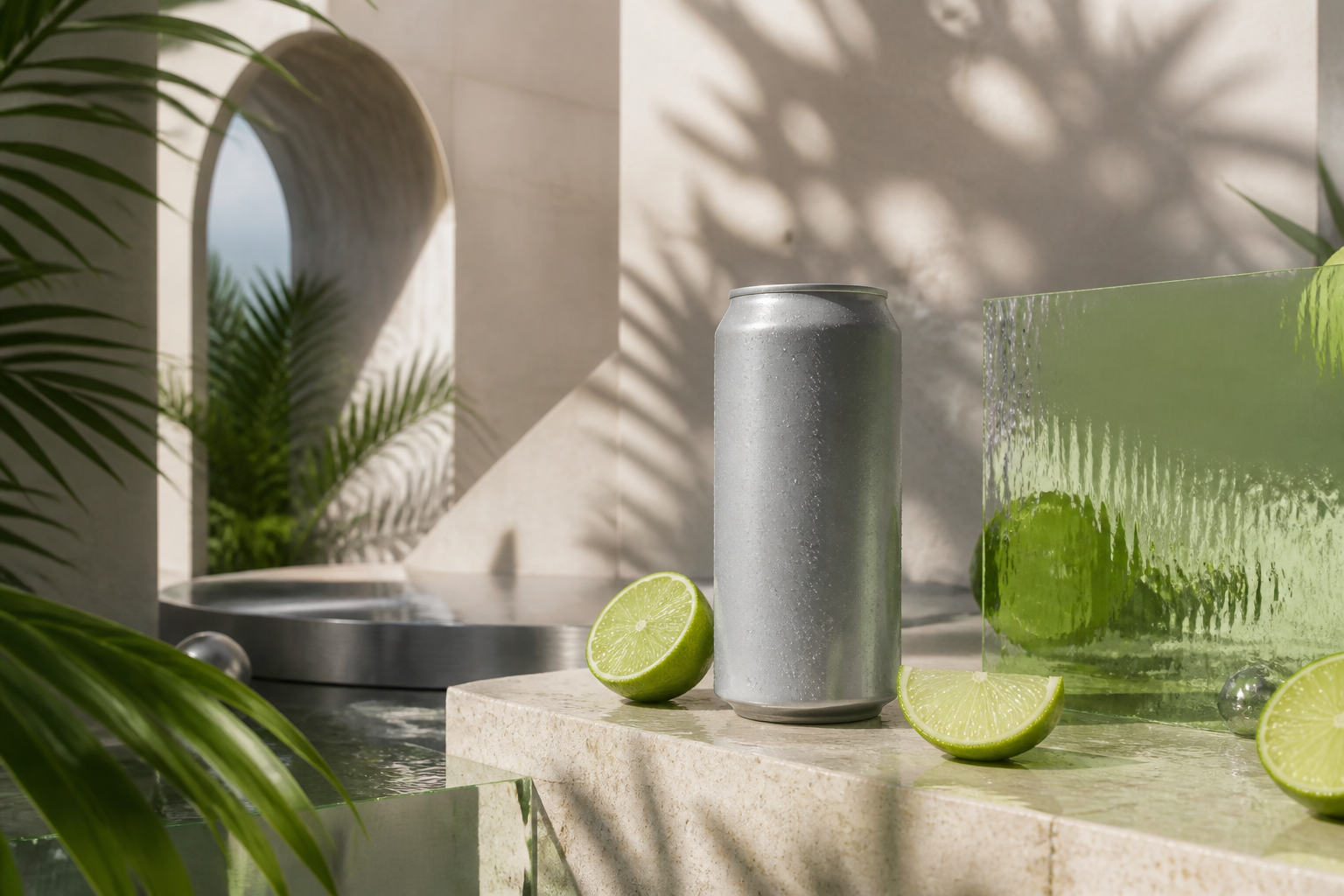 Silver beverage can and sliced limes in a tropical still life