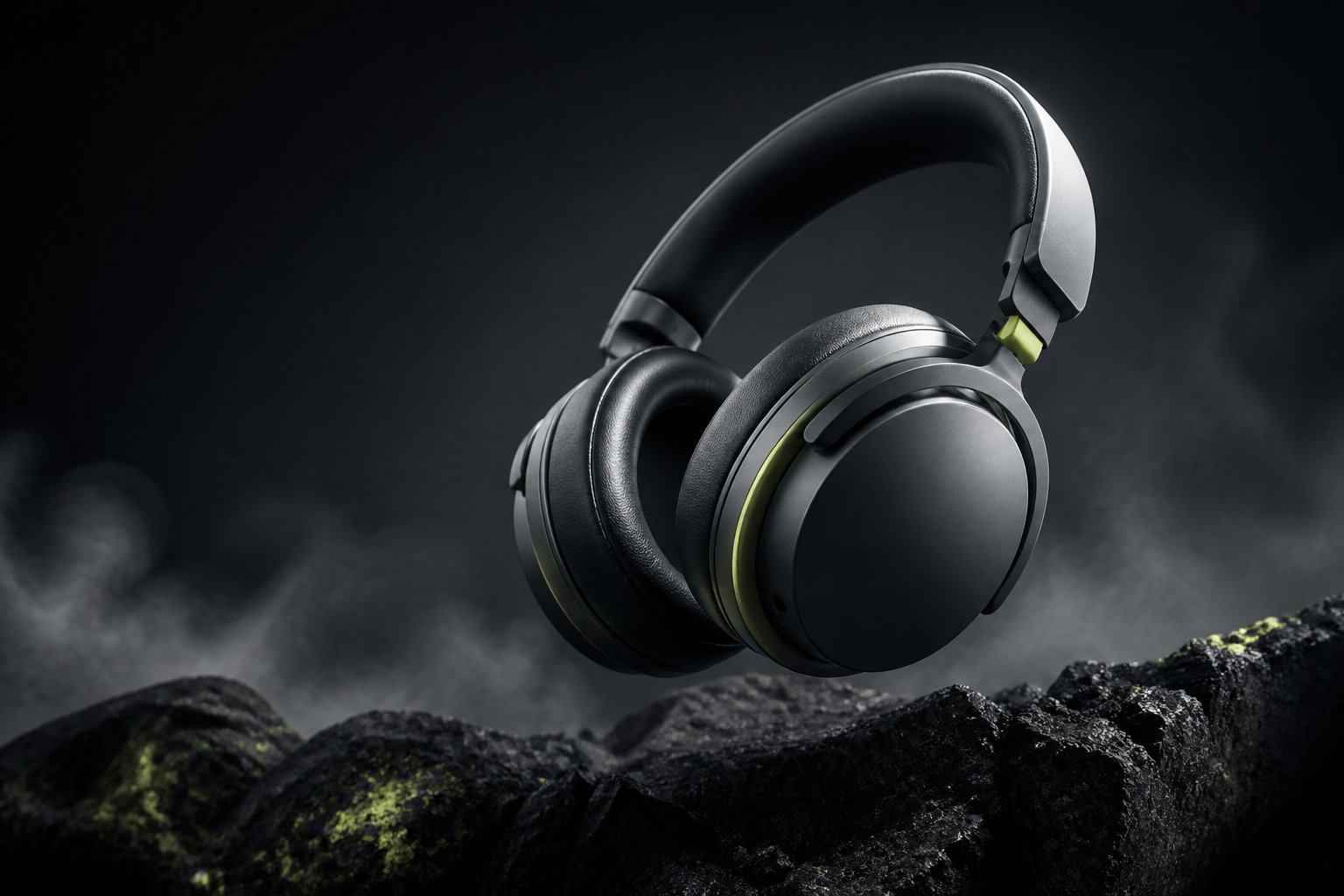 Black headphones with a lime accent above dark volcanic rocks
