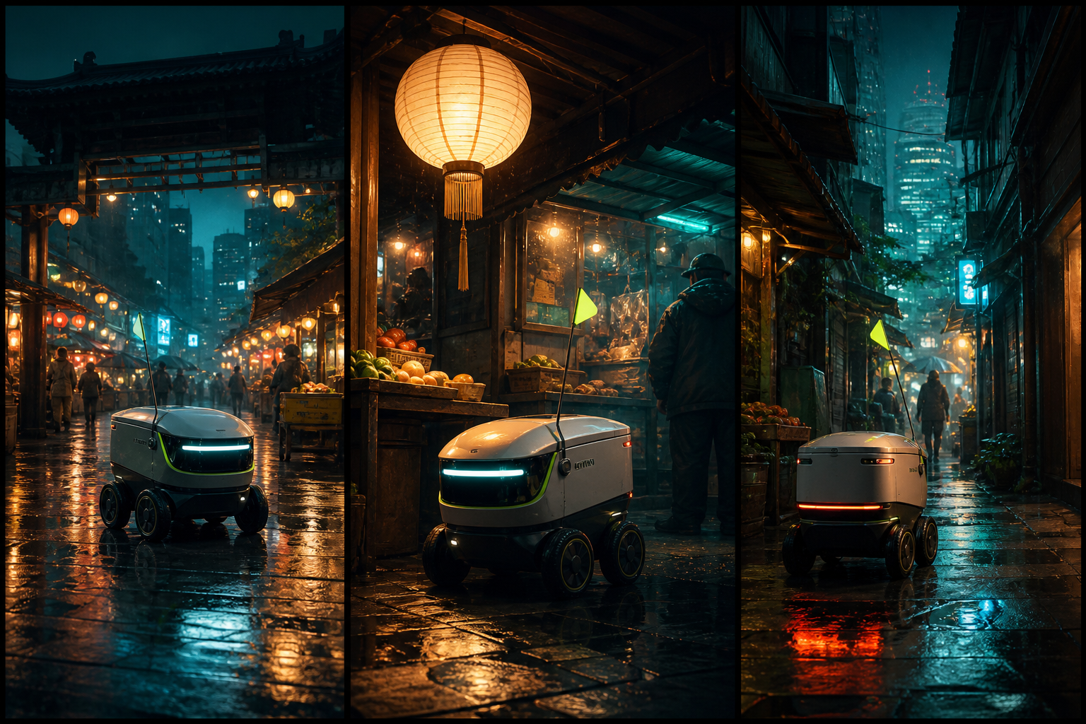 Three frame delivery robot storyboard in a wet lantern market