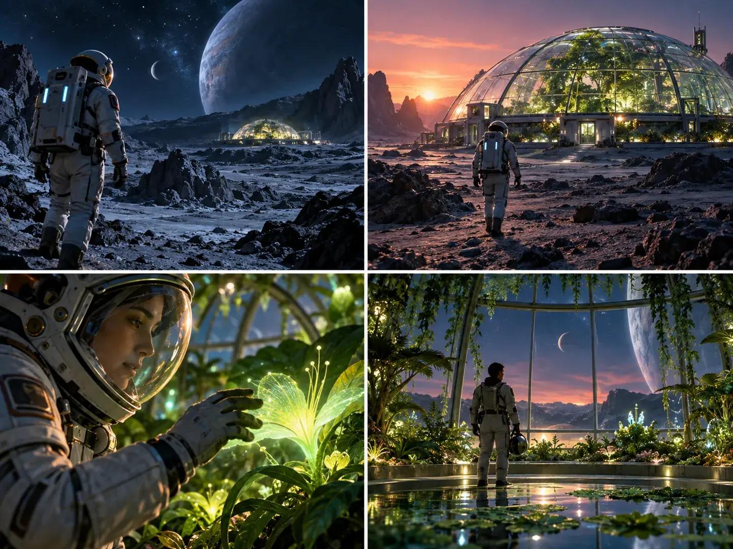 A sequence of cinematic frames featuring the same traveler and coordinated lighting