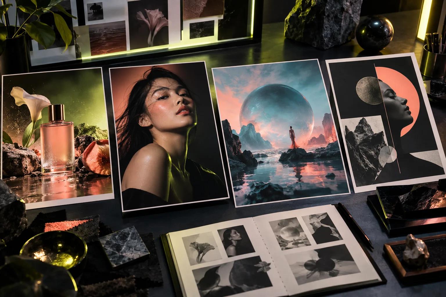 Three creative directions combining a portrait, a product scene and a cinematic landscape