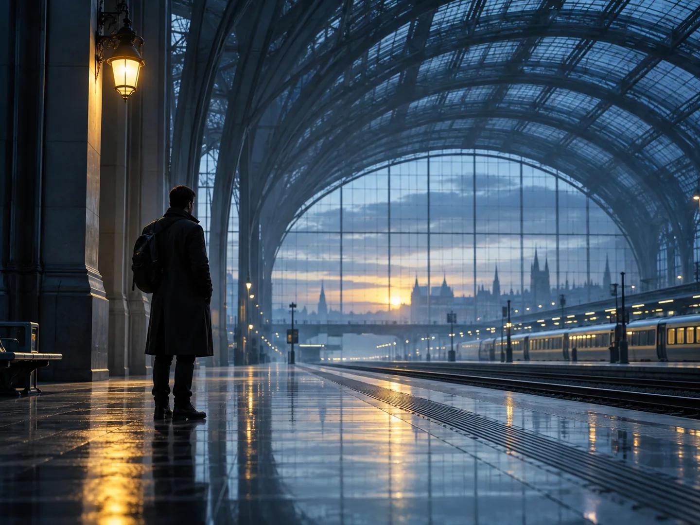 A lone traveler in a spacious station with atmospheric early light