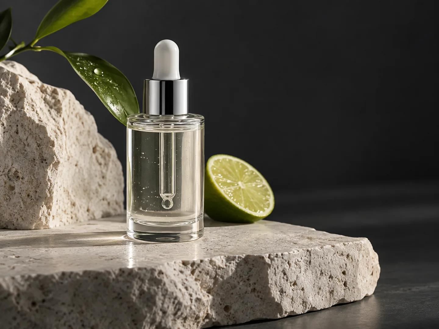 A glass product with delicate reflections on a pale stone surface