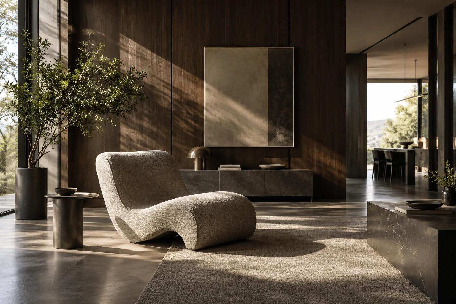 A modern dark-wood and chrome interior with a curved chair in daylight