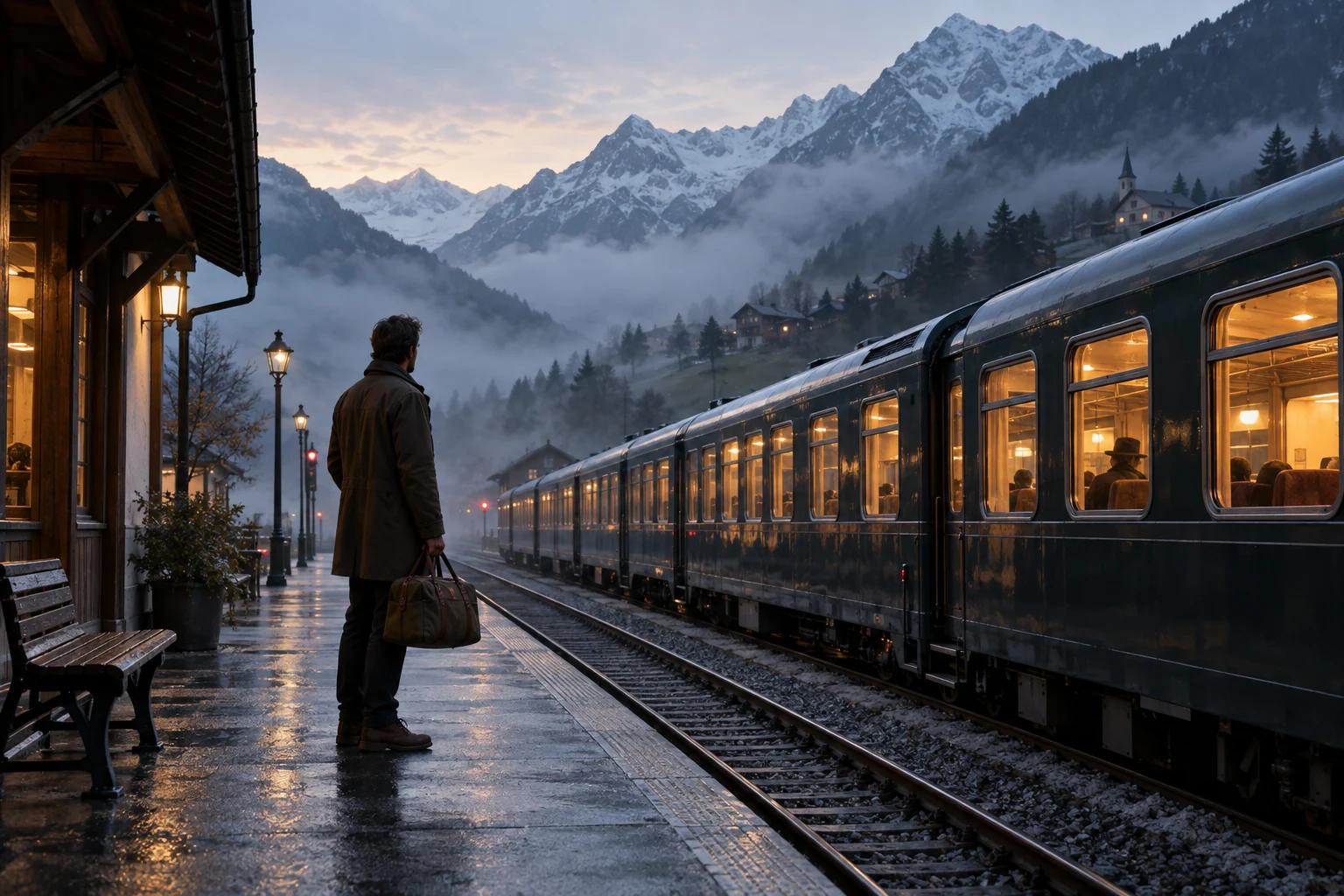 An adult traveler at a mountain train station at dawn