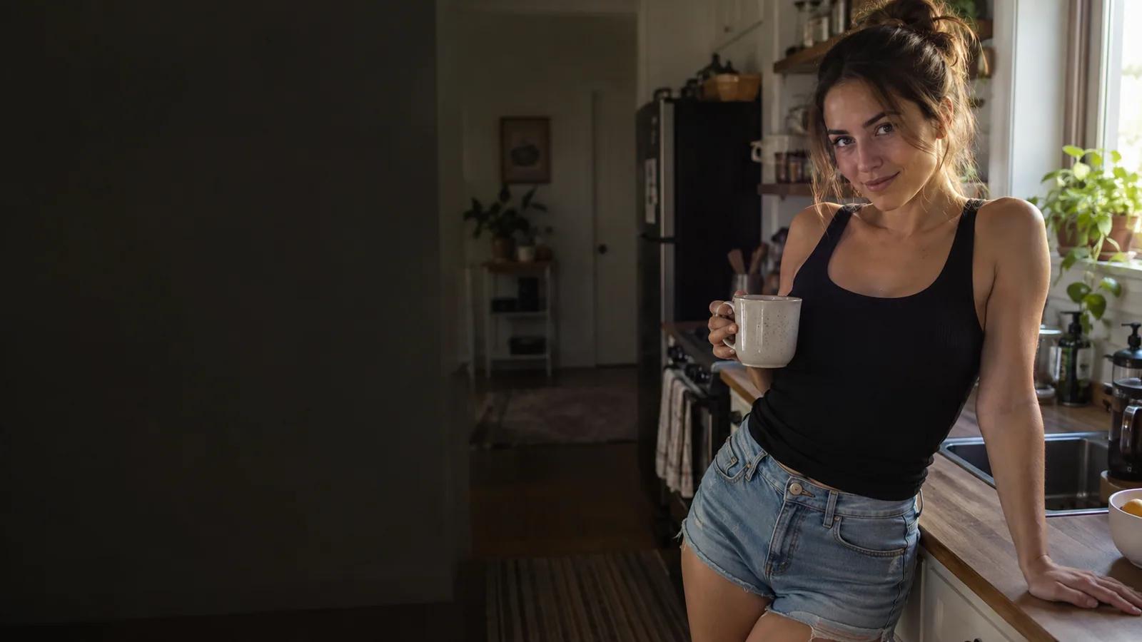 An adult woman in a black tank top and denim shorts standing in a sunlit kitchen
