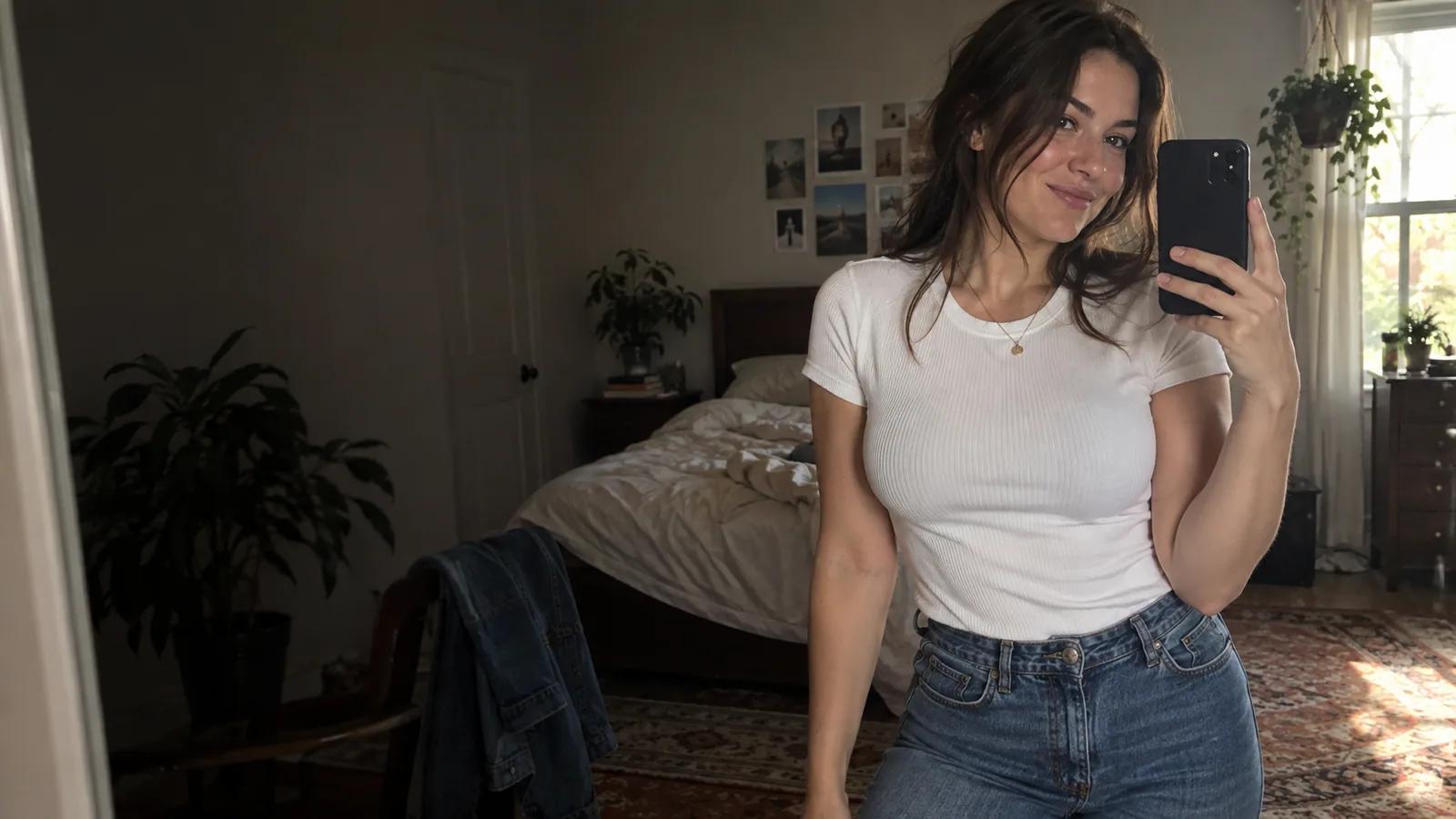 An adult woman in a white T-shirt and jeans taking a casual bedroom mirror selfie