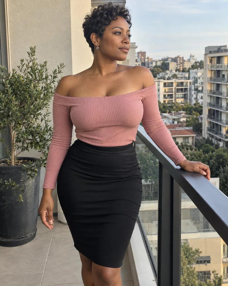 A fictional adult woman with short curly hair, wearing a dusty-rose off-shoulder knit top and black pencil skirt, rests a hand on a terrace railing.