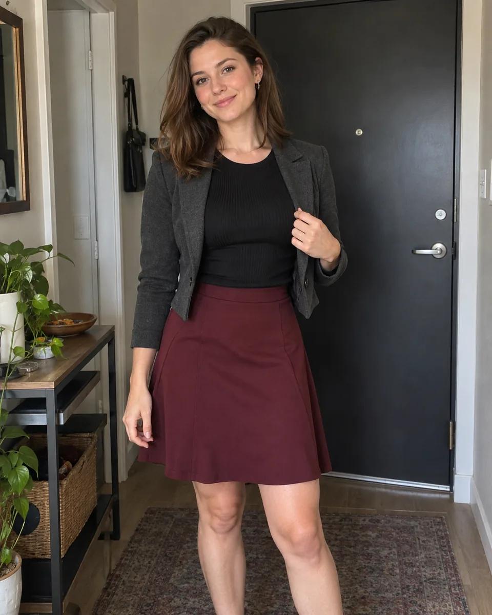 A fictional adult woman in a dark-grey cropped jacket, black top and burgundy skirt holds one hand near her jacket lapel.