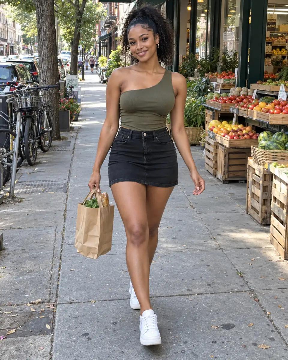 An adult woman in a fitted olive top and black miniskirt on an everyday shopping street