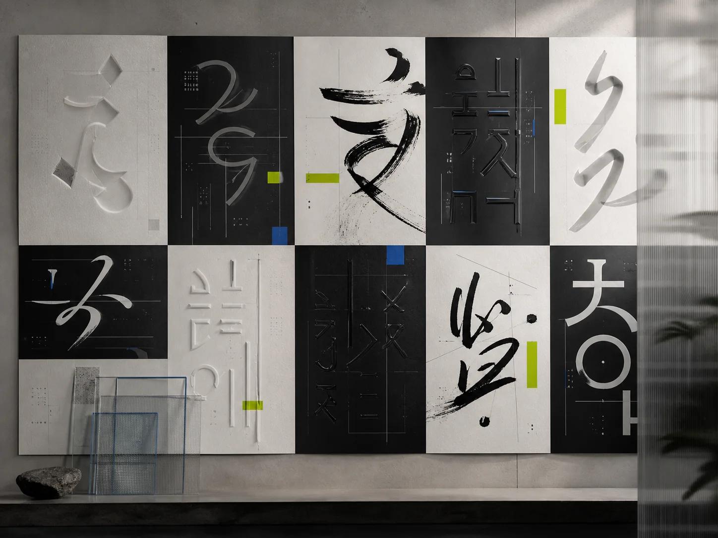 Gallery wall of abstract multilingual glyph studies in black, white, cobalt, and lime