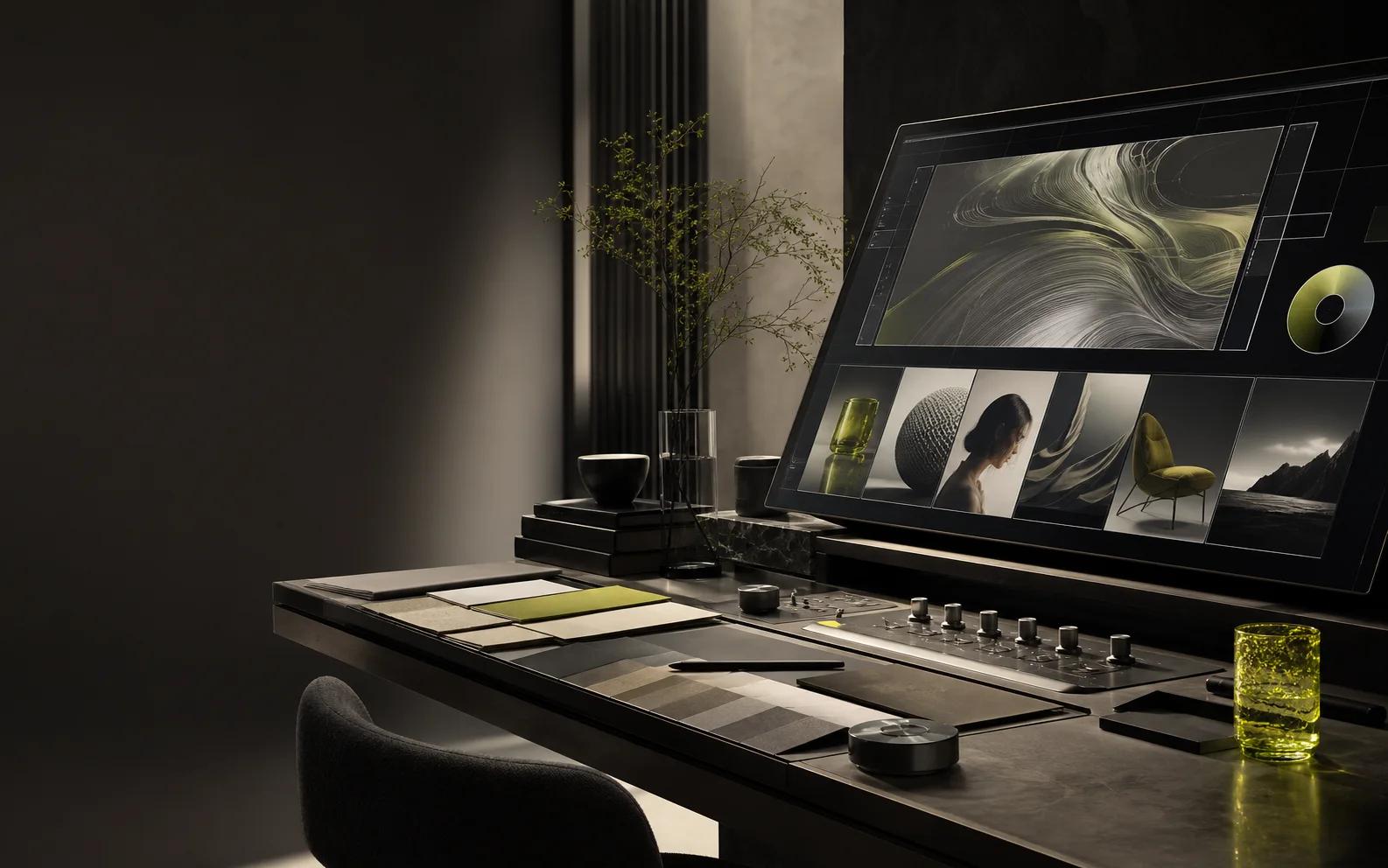 Editorial studio split between a rapid creative contact sheet and a refined campaign image