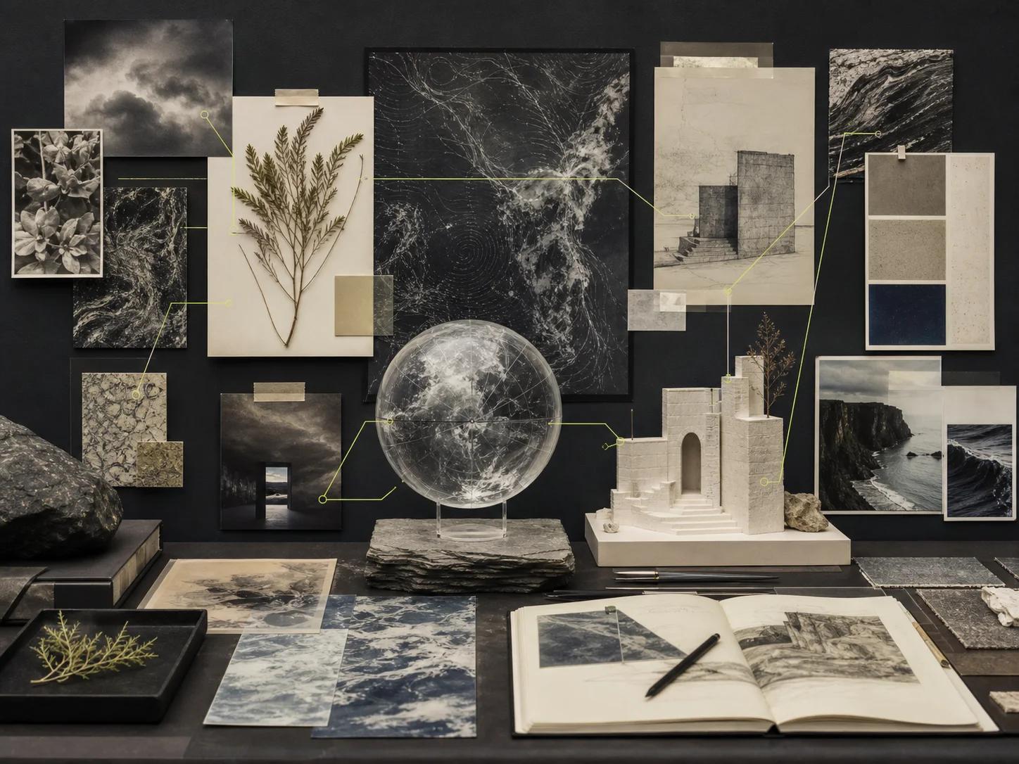 Creative reference board with botanical studies, stone textures, coastal images, a globe, and an architectural model