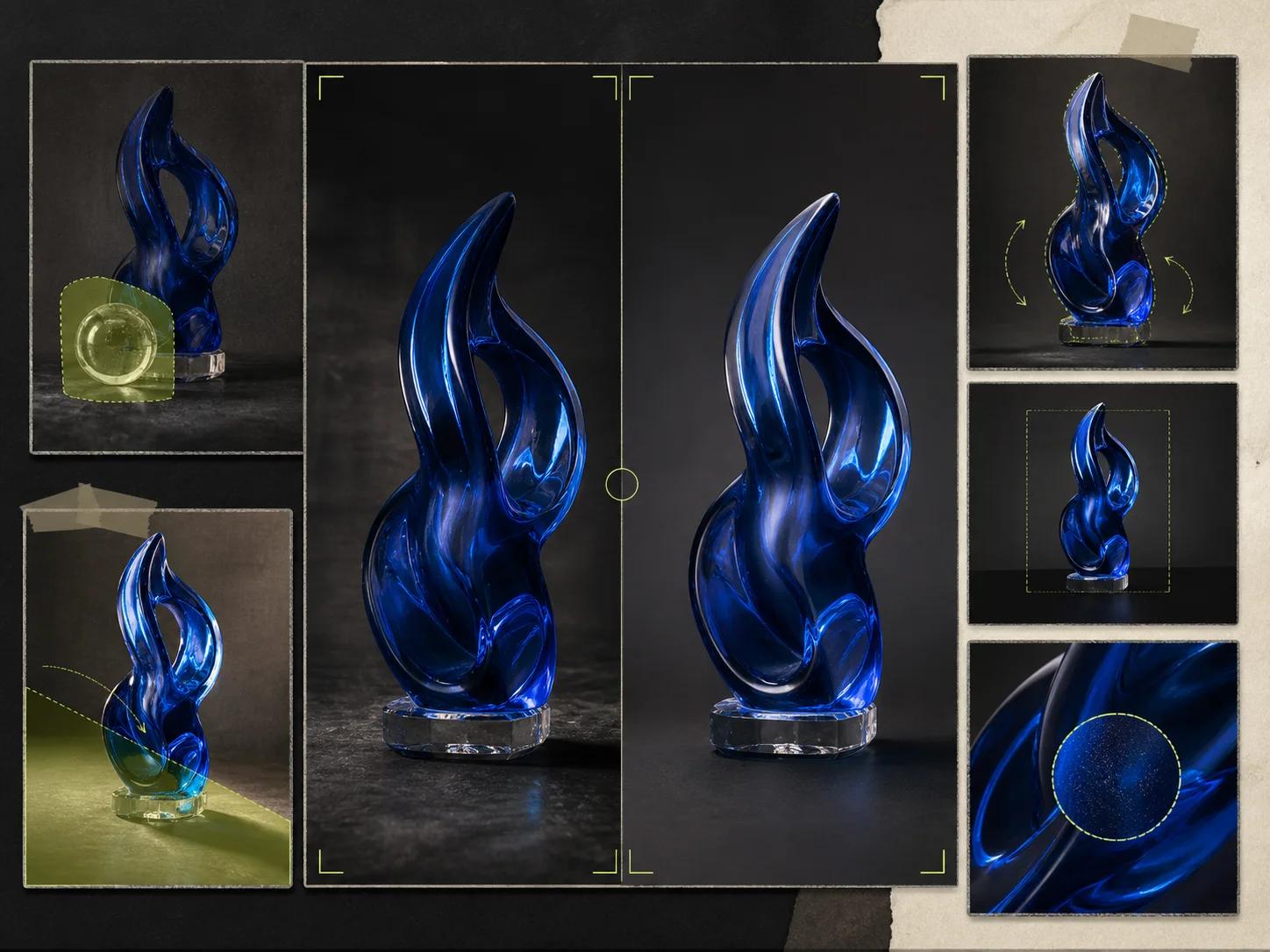 Comparison board showing masked lighting, shape, framing, and surface refinements on a blue glass sculpture